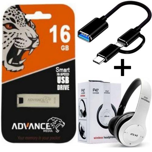 Advance 2GB/4GB/8GB/16GB/32GB/64GB Flash Disk Drive Otg Cable + Free P47 BEST Quality Bluetooth Wireless Headphones