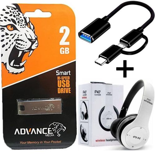 Advance 2GB/4GB/8GB/16GB/32GB/64GB Flash Disk Drive Otg Cable + Free P47 BEST Quality Bluetooth Wireless Headphones