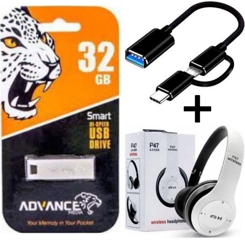 Advance 2GB/4GB/8GB/16GB/32GB/64GB Flash Disk Drive Otg Cable + Free P47 BEST Quality Bluetooth Wireless Headphones