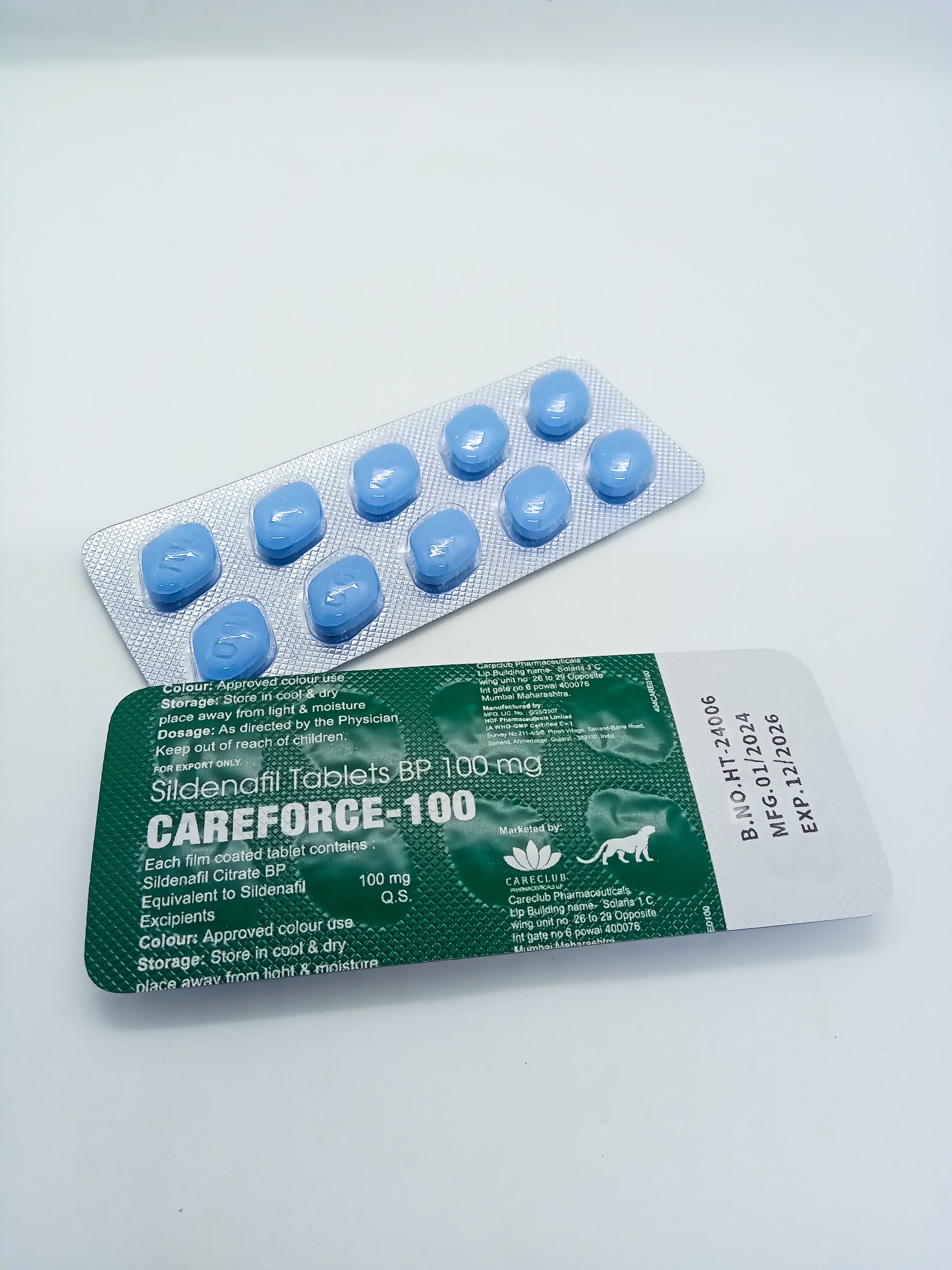A strip of 10 Sildenafil Citrate Men's Sex Enhancing Tablets BP 100 mg; Sildenafil treats erectile dysfunction by increasing blood flow to the penis during sexual stimulation