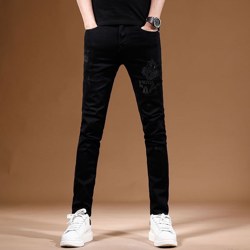 European and American high-end casual black ripped jeans men's fashion spring and autumn elastic mid-waist slim casual trousers all-match pants