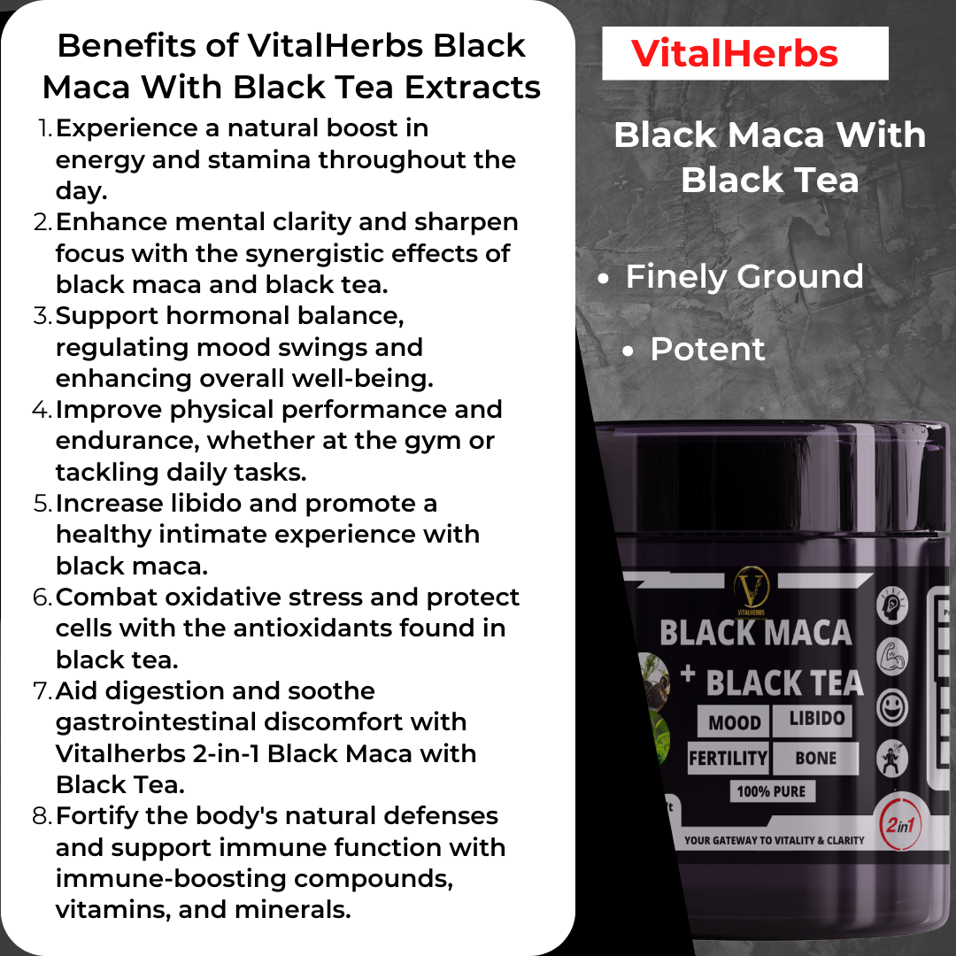 Black Maca With Black Tea Extract Powder - Boosts Energy Levels ,Enhances Mental Clarity, Supports Hormonal Balance & Increases Libido