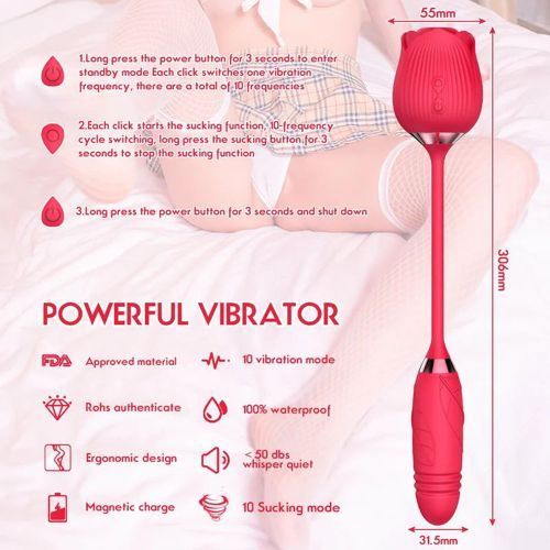 Waterproof Rose Sucker & Thrusting Dildo Combo - Red view 4