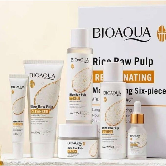BIOAQUA  Rice Raw Pulp EYE CREAM Plus CLEANSER Plus TONER plus LOTION Plus RICE RAW CREAM Plus RICE RAW SERUM  + BODY LOTION + WHITE GEL + 10 PCS OF FACIAL MASKSBIOAQUA