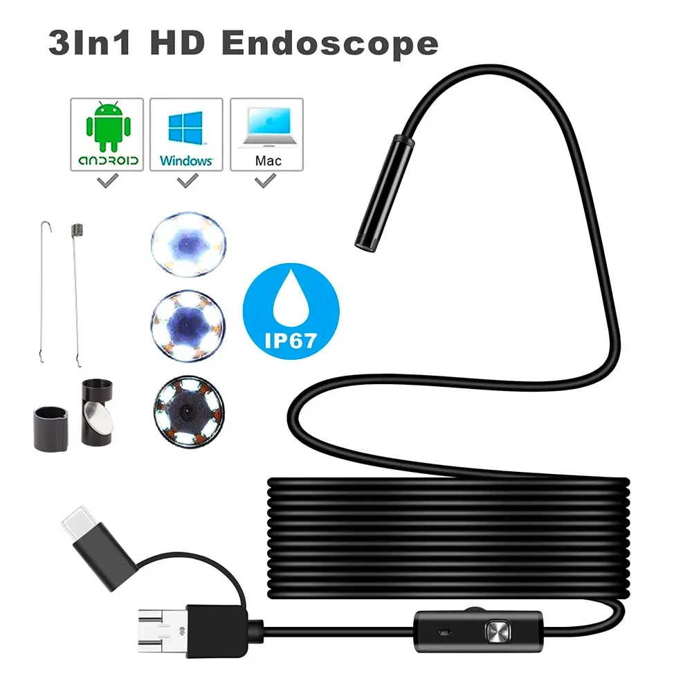 7MM  1M Android Endoscope Camera 3 IN1 Micro USB Type C Borescope Mini Camera Waterproof LED Car Inspection For HUAWEI XIAOMI PC