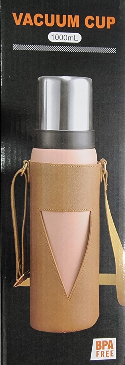 New Arrival: 1000ml and 1200ml camping thermos cups available in a leather carrier bag.