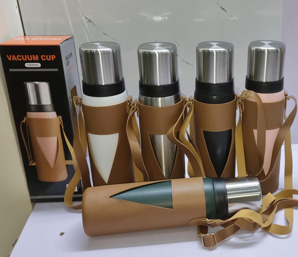 New Arrival: 1000ml and 1200ml camping thermos cups available in a leather carrier bag.