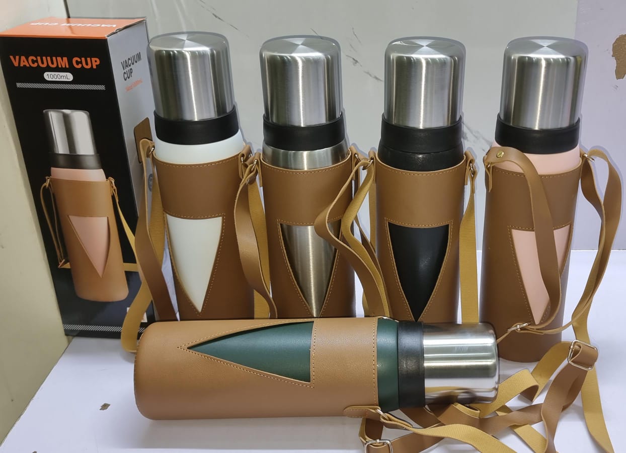 New Arrival: 1000ml and 1200ml camping thermos cups available in a leather carrier bag.