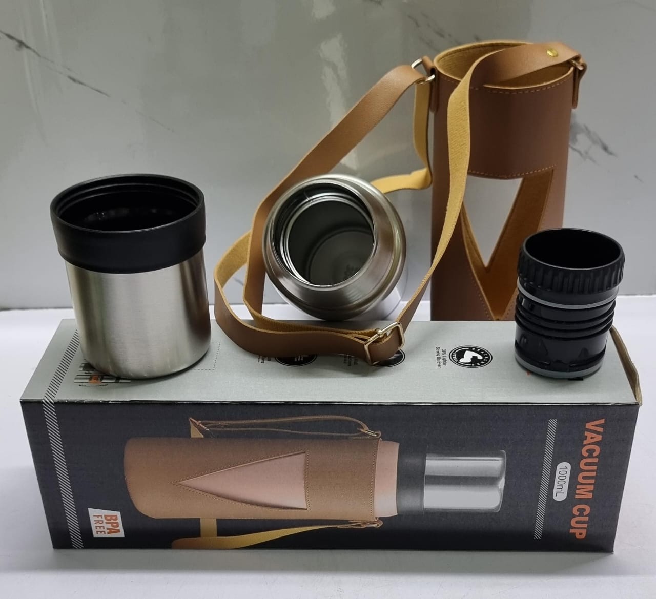 New Arrival: 1000ml and 1200ml camping thermos cups available in a leather carrier bag.