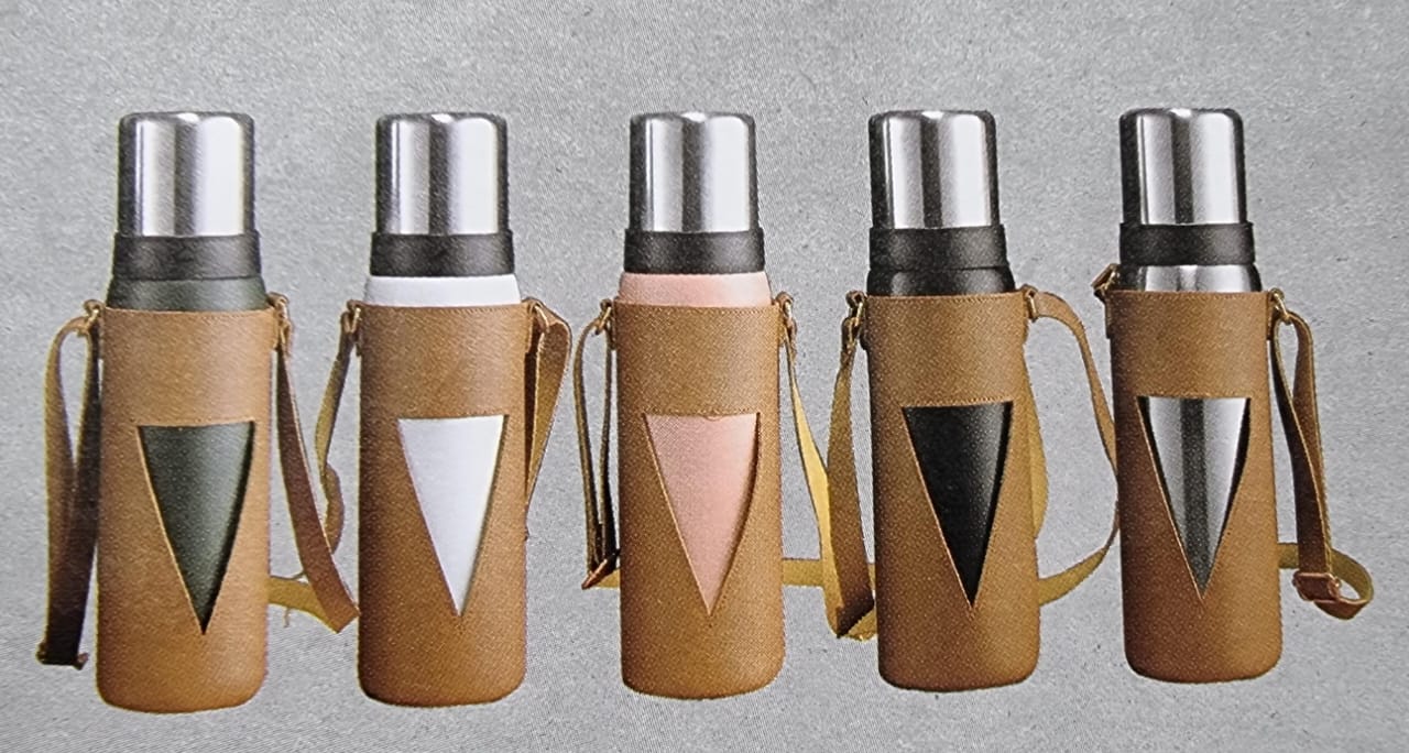 New Arrival: 1000ml and 1200ml camping thermos cups available in a leather carrier bag.