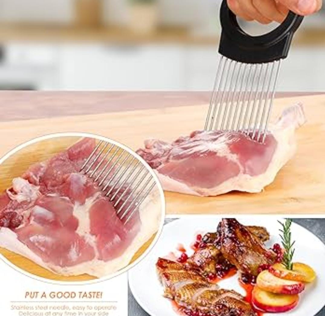 Multi-purpose Vegetable Holder, Meat Tenderizer, Stainless Steel Onion Cutter.