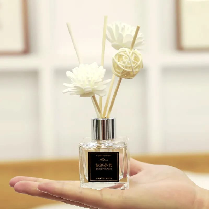 Aromatherapy reed diffuser with a 50ml capacity available in a white glass bottle. Comes in 5 different scents and perfect for use in the office, washroom, living room, bedroom, etc.