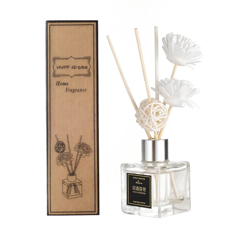 Aromatherapy reed diffuser with a 50ml capacity available in a white glass bottle. Comes in 5 different scents and perfect for use in the office, washroom, living room, bedroom, etc.