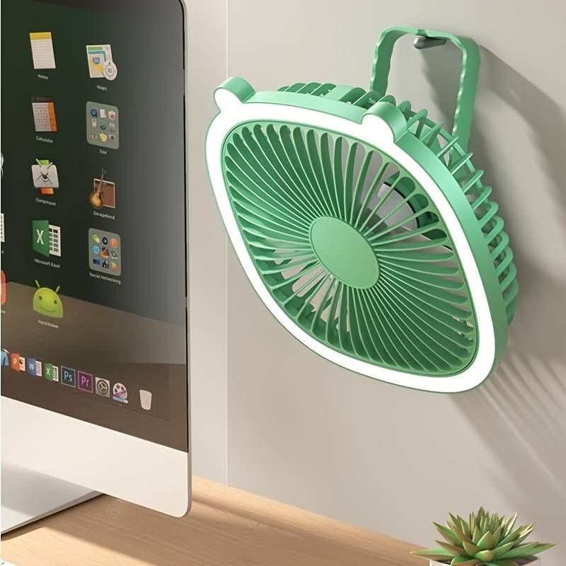 1pc, Portable Mini Fan With LED Light, Quiet Plastic Desk Fan, 3-Speed, Rechargeable Battery, Versatile For Home Office, Ceiling Or Wall Mount Options, Gift For Friends, Birthday Gift, Holiday Gift
