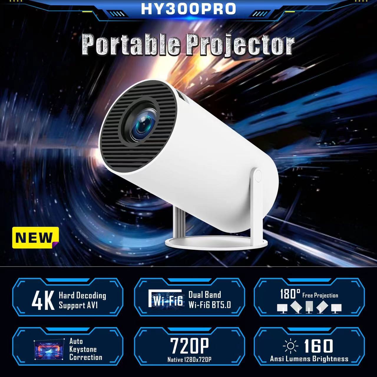 2024 New HY300 Pro Projector 4K Android 11.0, Lighter and more portable 1080P 720P, 200ANSI, Portable Wireless Home Outdoor Cinema with 180° Projection Angle Adjustment
