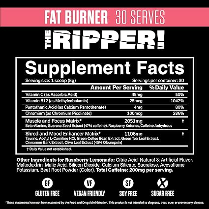 JNX SPORTS® The Ripper! Shredding Thermogenic Fat Burner for Men & Women – Fast Acting Stim Thermogenesis, Appetite Suppressant, Extreme Energy & Focus Supplement – Raspberry Lemonade, 30 Servings