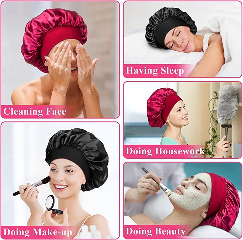 3Pcs Satin Bonnet Silk Hat Hair Bonnet Sleeping Elastic Wide Band Silk Sleep Cap Soft Breathable Silk Hair Wrap Sleeping Headwraps