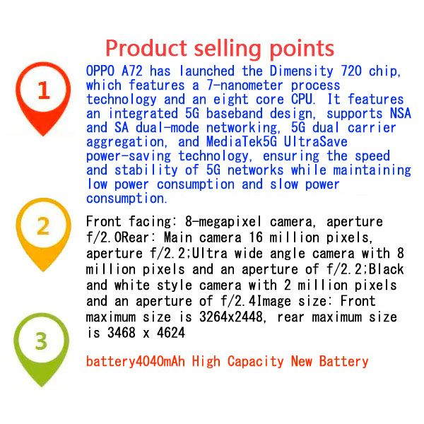 Refurbished OPPO A72 128GB+8GB 6.5'' Face unlock fingerprint unlock 4040mAh Battery Smart Phones Dual SIM 26MP+8MP Camera Mobile phones Dimensity 720 processor 5G