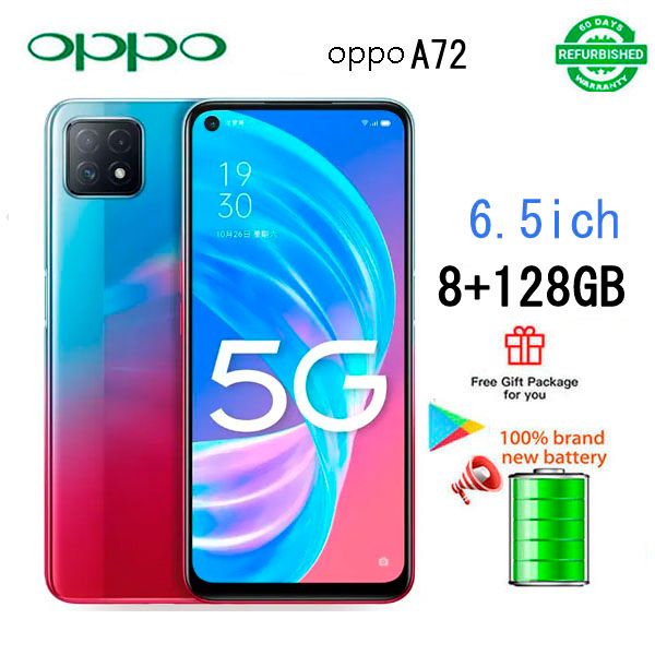 Refurbished OPPO A72 128GB+8GB 6.5'' Face unlock fingerprint unlock 4040mAh Battery Smart Phones Dual SIM 26MP+8MP Camera Mobile phones Dimensity 720 processor 5G