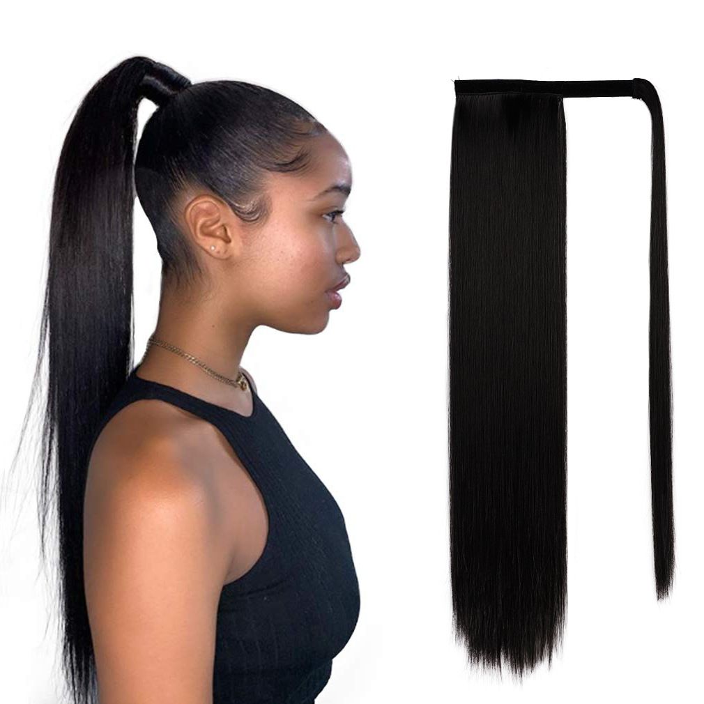 Ladies fashion temperament, wig ponytail, chemical fiber wig pieces, black long straight hair ponytail magic stick ponytail wig，High temperature silk material can not be ironed, length: 60 cm