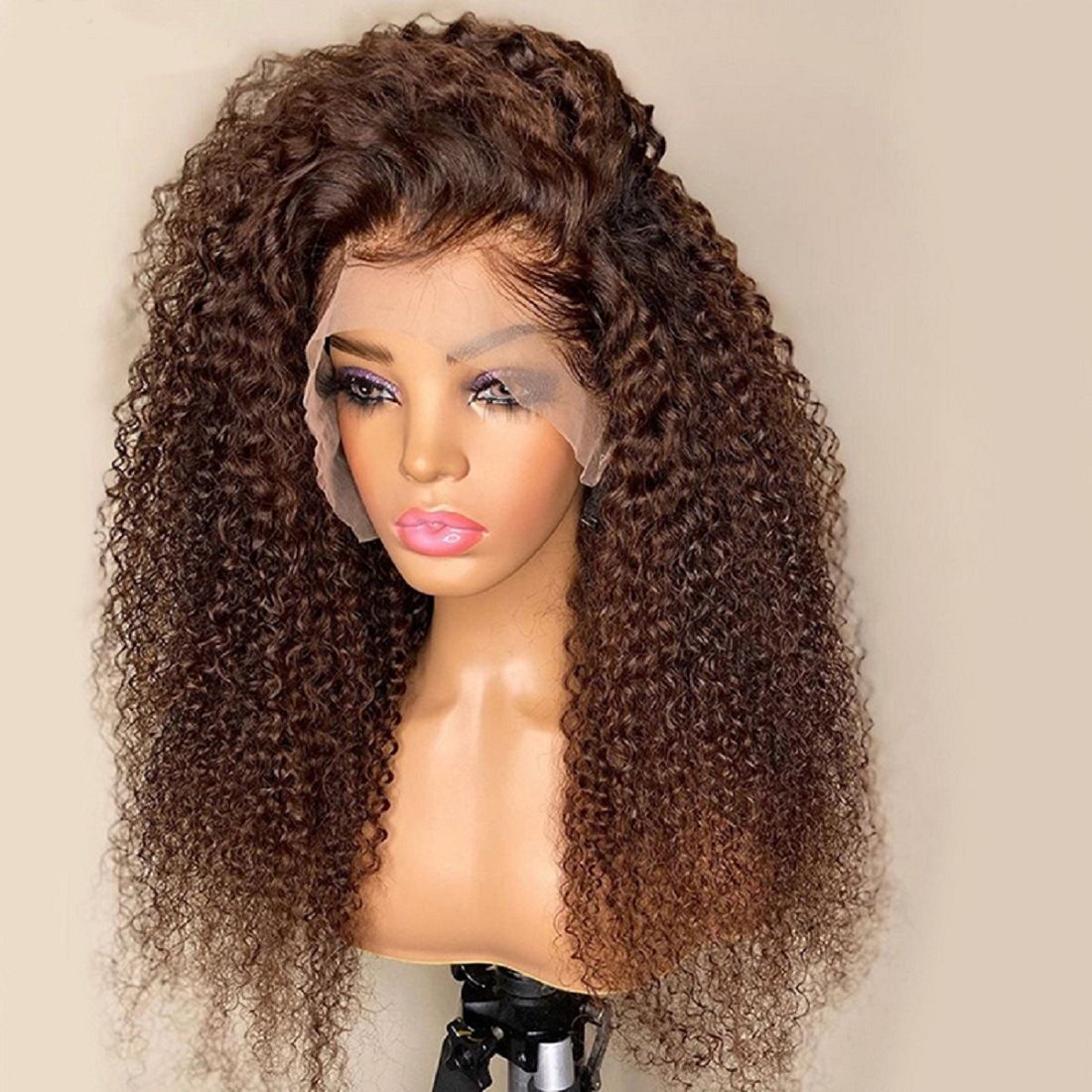 Cross-border wig pre-lace wig brown small African curly hair high temperature silk long curly hair Brazilian curly hair cover,18 inches, 26 inches