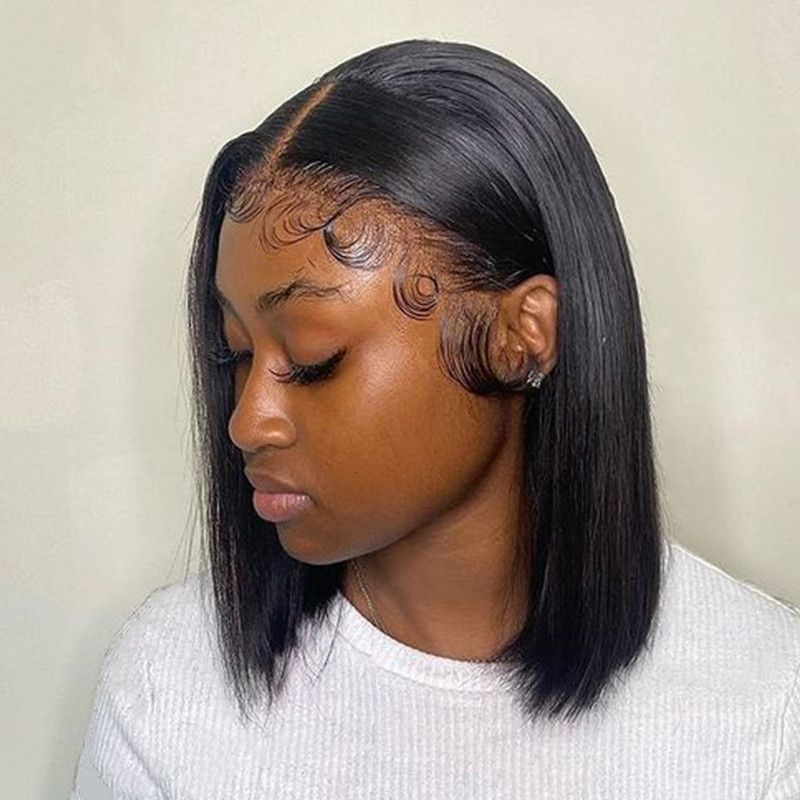 Foreign Trade European and n wig female black short straight hair points bobo bob high temperature silk chemical fiber hair before lace head cover