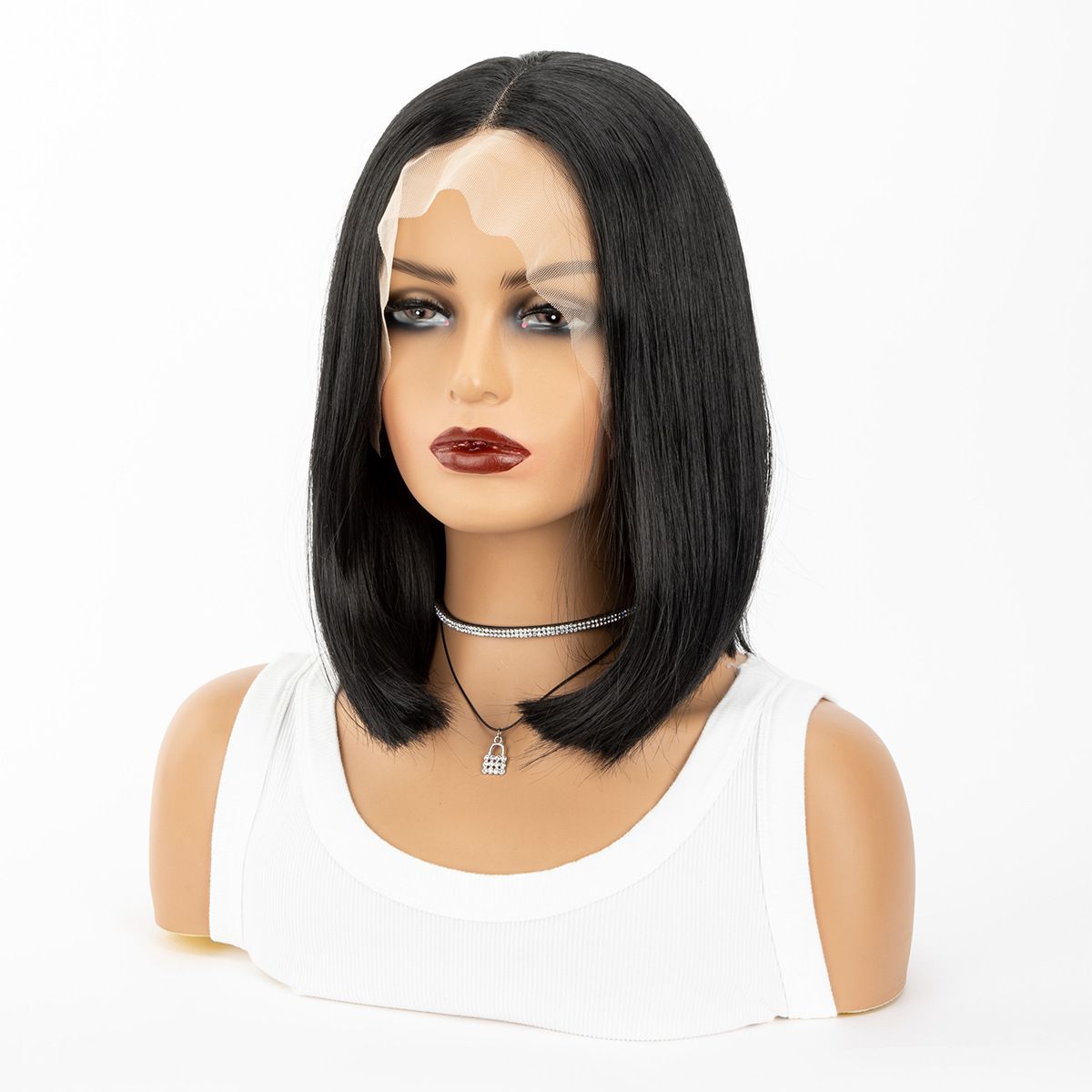 Foreign Trade European and n wig female black short straight hair points bobo bob high temperature silk chemical fiber hair before lace head cover
