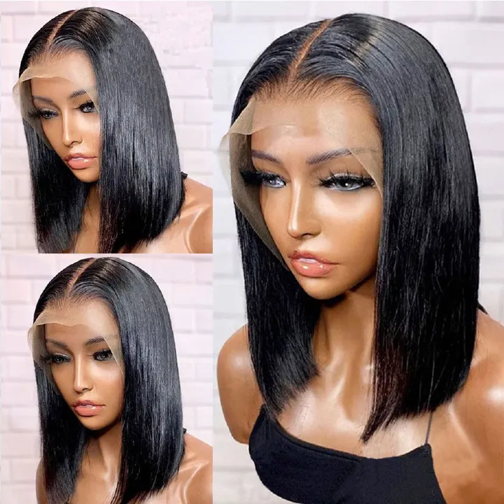 Foreign Trade European and n wig female black short straight hair points bobo bob high temperature silk chemical fiber hair before lace head cover