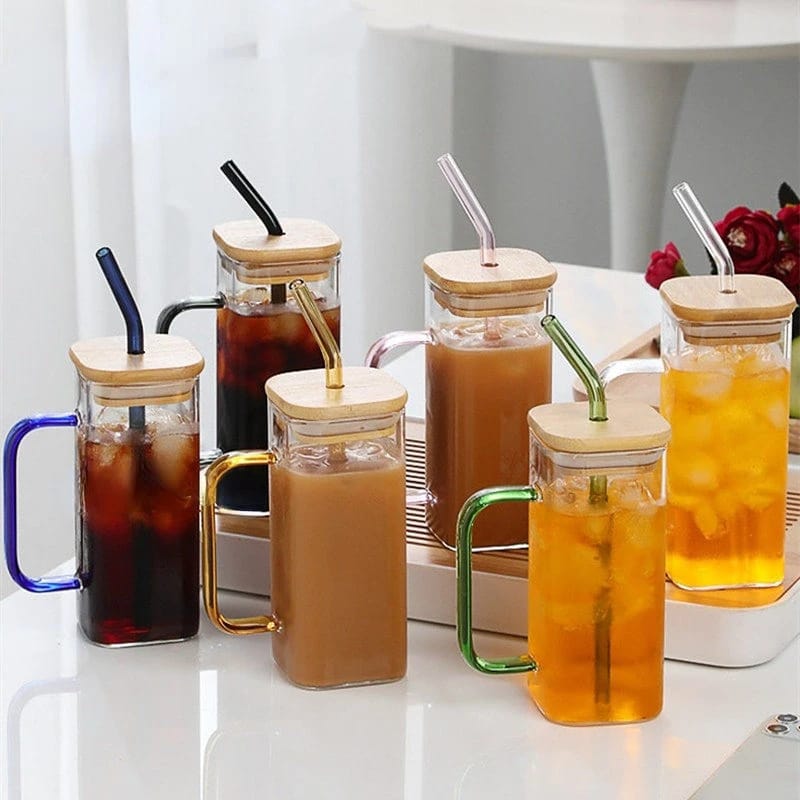 New Classic Transparent 500ml Borosilicate Drinking Glass Cup/Tumbler with bamboo lid,Suitable for  Tea, Bubble tea, Water, Iced Coffee, Smoothie, Fruit Juice