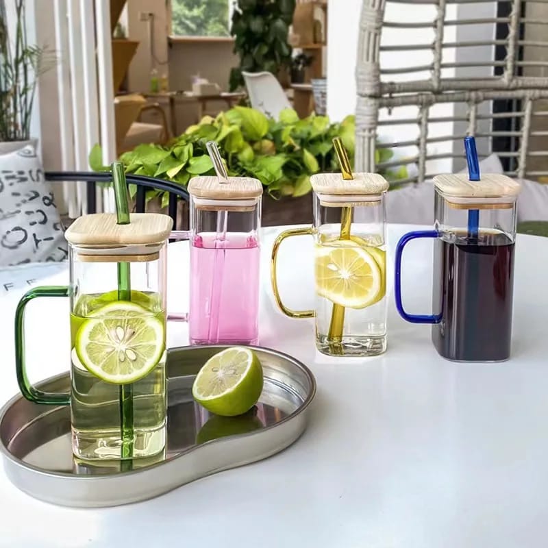 New Classic Transparent 500ml Borosilicate Drinking Glass Cup/Tumbler with bamboo lid,Suitable for  Tea, Bubble tea, Water, Iced Coffee, Smoothie, Fruit Juice