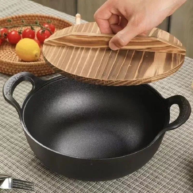 New Arrival Quality Iron Wok Non-stick Cooking Pan/bowl No-Coating Kitchen Cooker Cookware With Wooden Lid.Pre-seasoned Pure Cast Iron Flat Bottom Wok