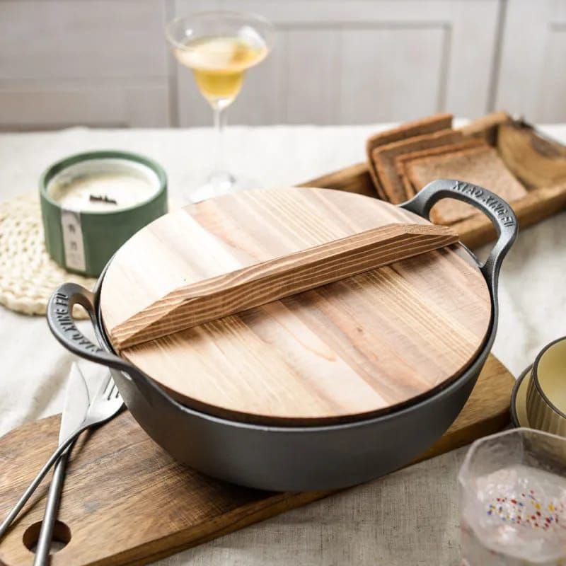 New Arrival Quality Iron Wok Non-stick Cooking Pan/bowl No-Coating Kitchen Cooker Cookware With Wooden Lid.Pre-seasoned Pure Cast Iron Flat Bottom Wok