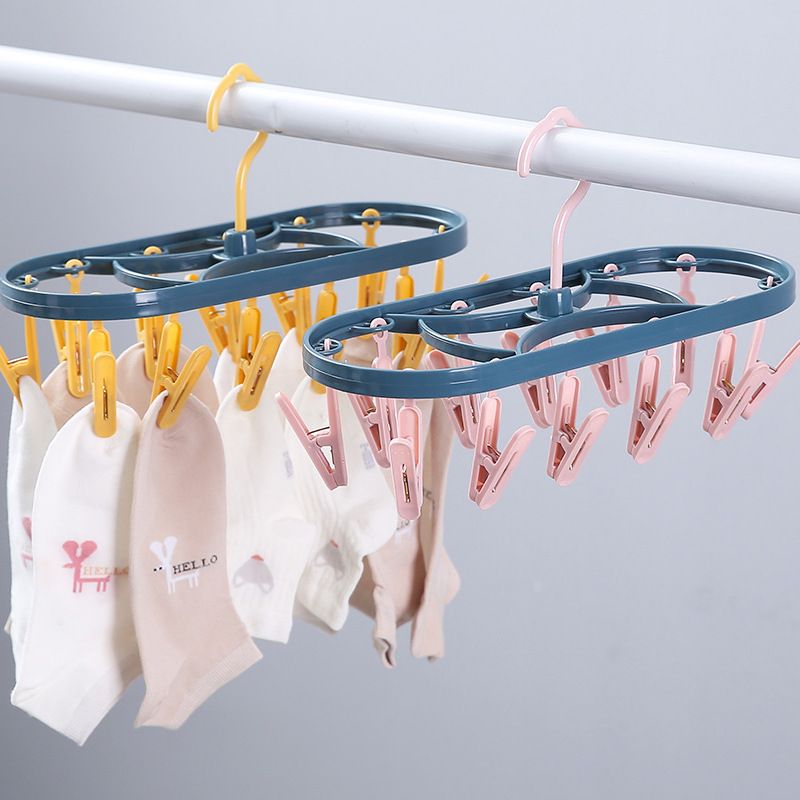 12 Jacket Rack Household Balcony Underwear Socks Plastic Oval Multi-Head Two-color Windproof Clip Children Drying Clothes Rack（One pink, one yellow, random ）