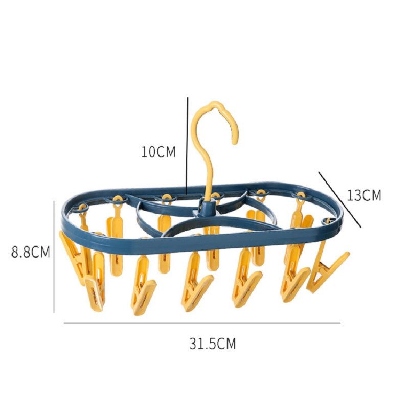 12 Jacket Rack Household Balcony Underwear Socks Plastic Oval Multi-Head Two-color Windproof Clip Children Drying Clothes Rack（One pink, one yellow, random ）
