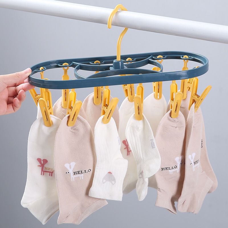 12 Jacket Rack Household Balcony Underwear Socks Plastic Oval Multi-Head Two-color Windproof Clip Children Drying Clothes Rack（One pink, one yellow, random ）