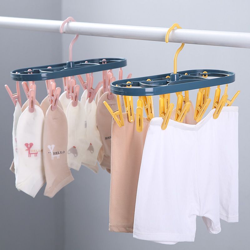 12 Jacket Rack Household Balcony Underwear Socks Plastic Oval Multi-Head Two-color Windproof Clip Children Drying Clothes Rack（One pink, one yellow, random ）