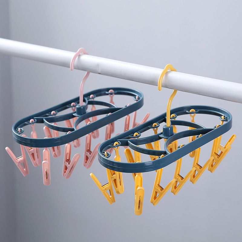 12 Jacket Rack Household Balcony Underwear Socks Plastic Oval Multi-Head Two-color Windproof Clip Children Drying Clothes Rack（One pink, one yellow, random ）
