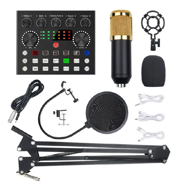 Ready Stock V8s Sound Card + BM800 Mic Set Condenser Microphone Live Sound Card Bluetooth Audio Interface Studio Streaming Recording for Phone PC