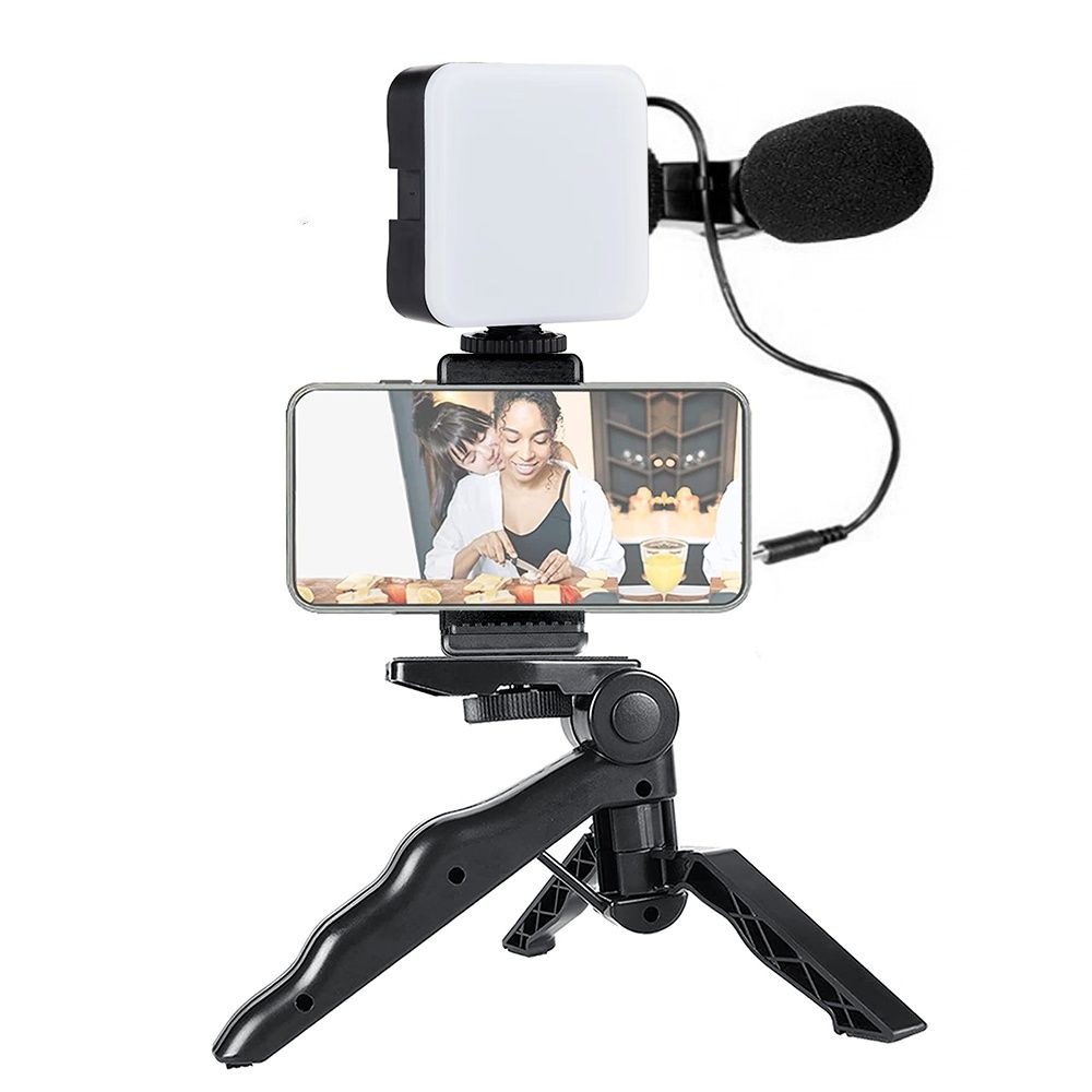 New Arrivals Tripod Stand Phone Holder with Ring Light Microphone for Video Recording Black