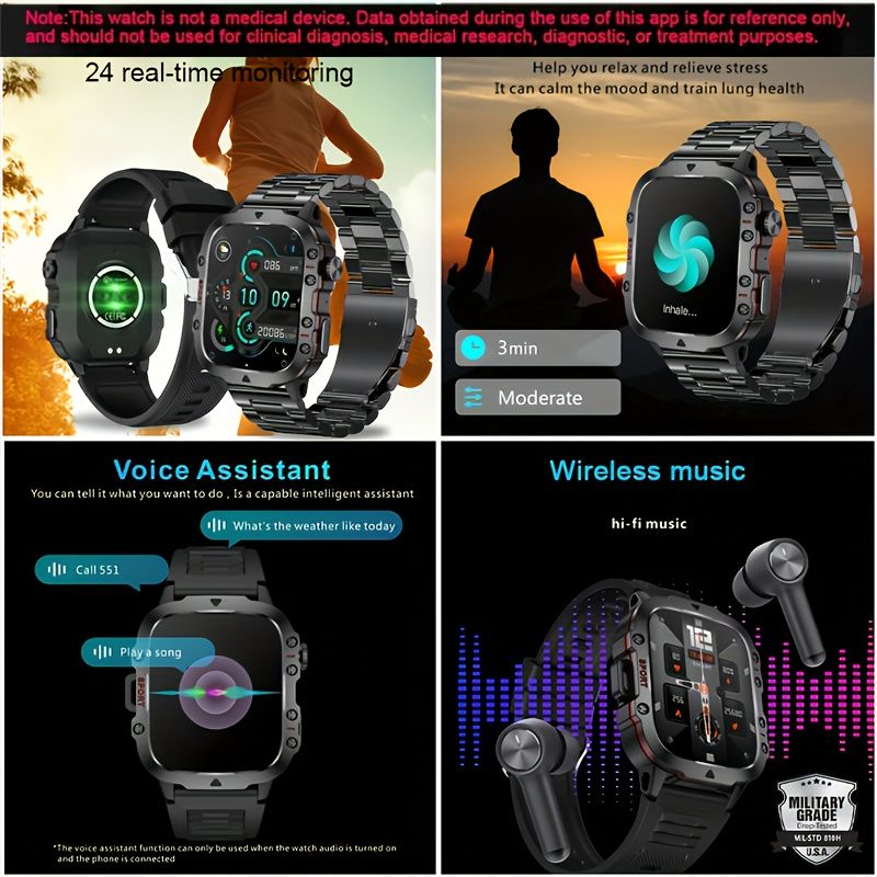 New Rugged Smart Watch Men Wireless Call Waterproof Sport Fitness AI Voice Outdoor 100+ Sports Modes Outdoor Smartwatch