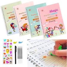 HARDCOVER  Magic Practice Copybook for Kids, Magic Calligraphy That Can Be Reused, Magical Handwriting Workbooks Practice Copybook for Preschoolers (4 Books + 1 Pen + 8 Refills + 1 Grip)