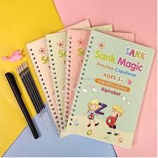 HARDCOVER  Magic Practice Copybook for Kids, Magic Calligraphy That Can Be Reused, Magical Handwriting Workbooks Practice Copybook for Preschoolers (4 Books + 1 Pen + 8 Refills + 1 Grip)