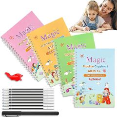 HARDCOVER  Magic Practice Copybook for Kids, Magic Calligraphy That Can Be Reused, Magical Handwriting Workbooks Practice Copybook for Preschoolers (4 Books + 1 Pen + 8 Refills + 1 Grip)