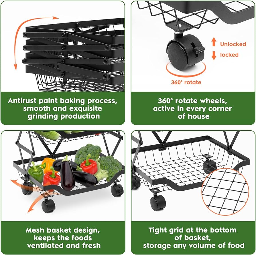 Rolling Stackable Baskets Storage Bins, 4 Tier Vegetable Storage Rack Stainless Steel Stackable Fruit Vegetable Stand with Lockable Casters for Kitchen, Pantry, Bathroom,Bedroom Garage