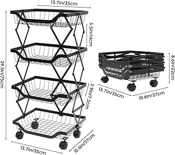 Rolling Stackable Baskets Storage Bins, 4 Tier Vegetable Storage Rack Stainless Steel Stackable Fruit Vegetable Stand with Lockable Casters for Kitchen, Pantry, Bathroom,Bedroom Garage