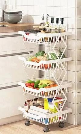 Rolling Stackable Baskets Storage Bins, 4 Tier Vegetable Storage Rack Stainless Steel Stackable Fruit Vegetable Stand with Lockable Casters for Kitchen, Pantry, Bathroom,Bedroom Garage