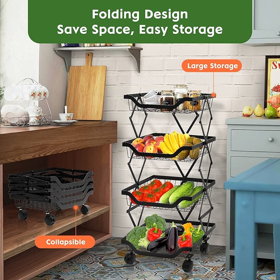 Rolling Stackable Baskets Storage Bins, 4 Tier Vegetable Storage Rack Stainless Steel Stackable Fruit Vegetable Stand with Lockable Casters for Kitchen, Pantry, Bathroom,Bedroom Garage
