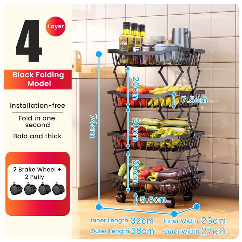 Rolling Stackable Baskets Storage Bins, 4 Tier Vegetable Storage Rack Stainless Steel Stackable Fruit Vegetable Stand with Lockable Casters for Kitchen, Pantry, Bathroom,Bedroom Garage