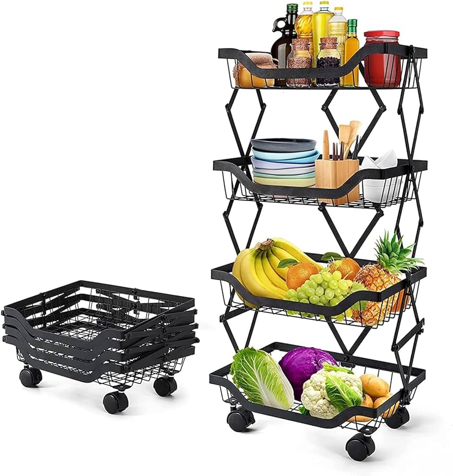 Rolling Stackable Baskets Storage Bins, 4 Tier Vegetable Storage Rack Stainless Steel Stackable Fruit Vegetable Stand with Lockable Casters for Kitchen, Pantry, Bathroom,Bedroom Garage