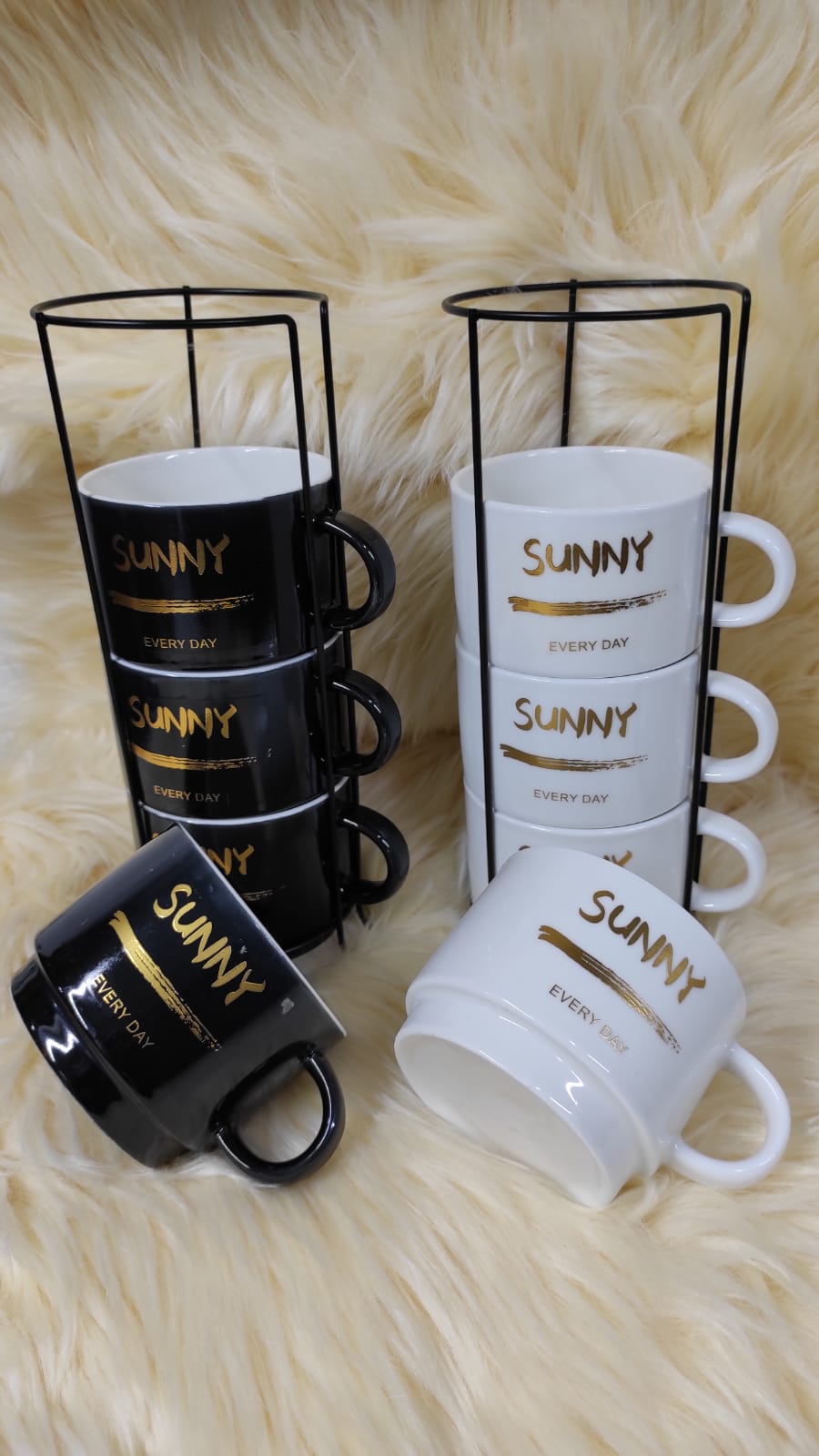American Atelier ceramic mug and Rack set of four cups and standing metal Rack for kitchen caunter top, Table top, island,or cafe display Gift for tea and cooffee iovers,250ml-coffee World Text,black.